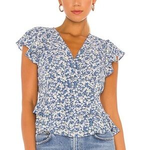Flutter Sleeve Button Front Blouse in Blue Floral